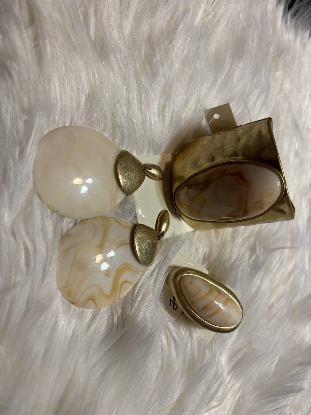 Gold-Tone Beige Marbled Resin Earrings and Ring Set